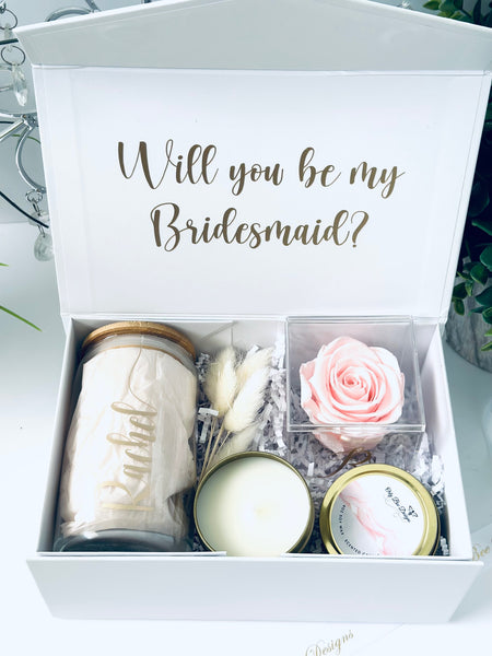 Personalized Bridesmaid Proposal Gift Box Set with Glass Tumbler, Scented Candle & Preserved Rose Box - Unique Bridal Shower Gifts