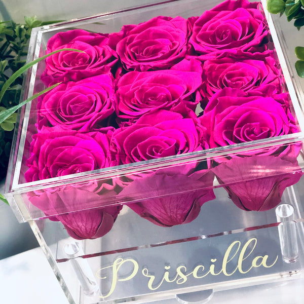 Preserved Roses in Clear Jewelry Rose Box - 9 Long Lasting Roses
