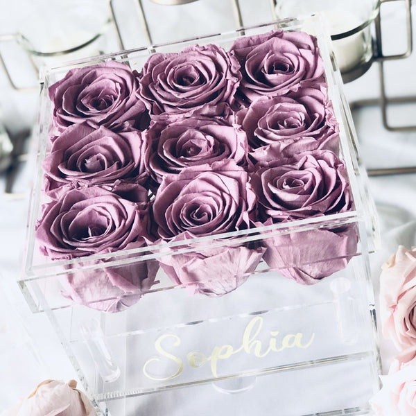 Preserved Roses in Clear Jewelry Rose Box - 9 Long Lasting Roses