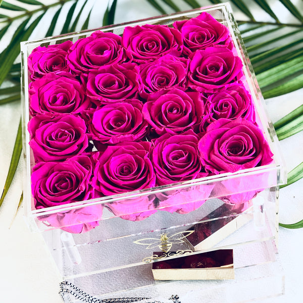 Preserved Roses in Clear Jewelry Rose Box - 16 Long Lasting Roses