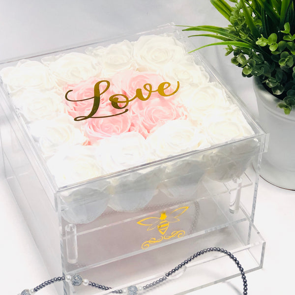 Preserved Roses in Clear Jewelry Rose Box - 16 Long Lasting Roses