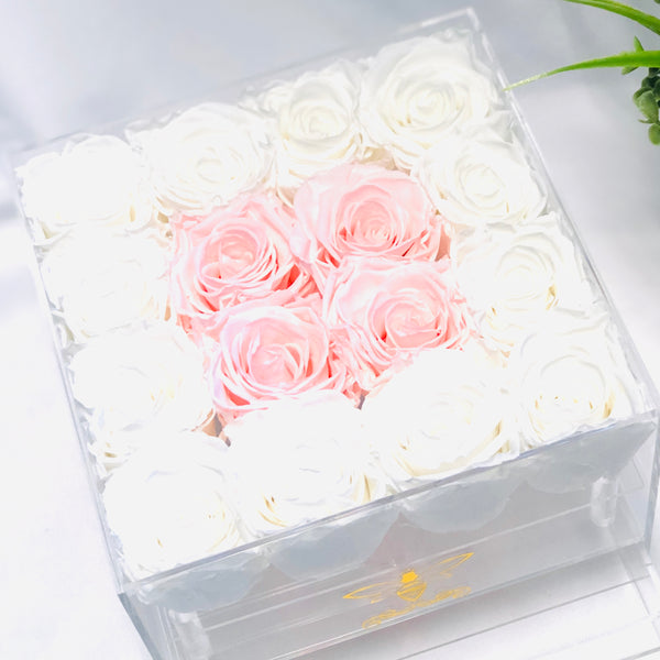 Preserved Roses in Clear Jewelry Rose Box - 16 Long Lasting Roses
