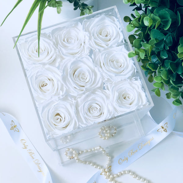 Preserved Roses in Clear Jewelry Rose Box - 9 Long Lasting Roses