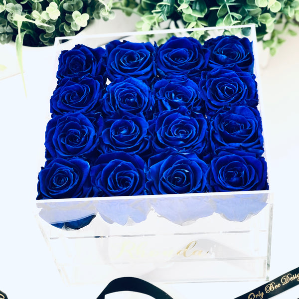 Preserved Roses in Clear Jewelry Rose Box - 16 Long Lasting Roses