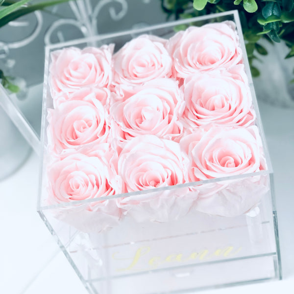 Preserved Roses in Clear Jewelry Rose Box - 9 Long Lasting Roses