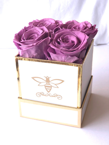 Real Roses in a in a Square Designer Box - White/Gold