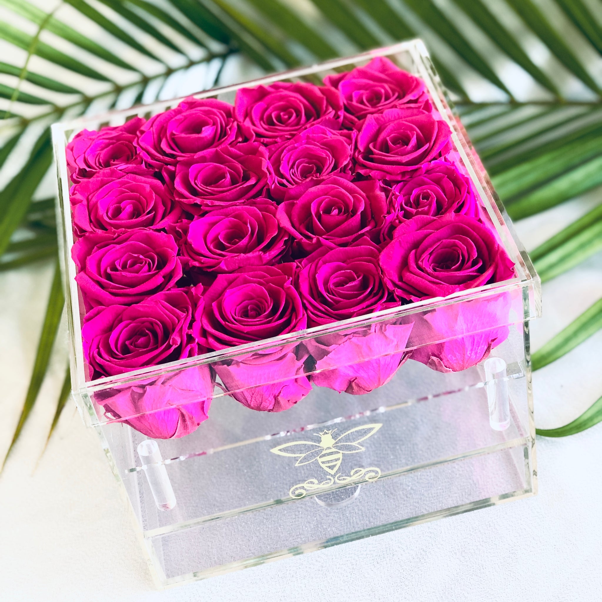 Preserved Roses in Clear Jewelry Rose Box - 16 Long Lasting Roses