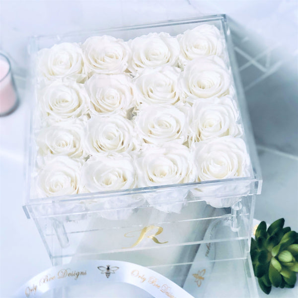 Preserved Roses in Clear Jewelry Rose Box - 16 Long Lasting Roses