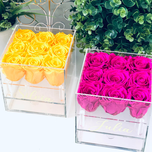 Preserved Roses in Clear Jewelry Rose Box - 9 Long Lasting Roses